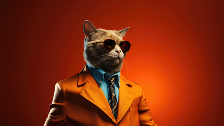 Cat In Sunglasses Wearing Clothes Orange Background. Ð¡oncept Cat Fashion, Sunglass Style, Orange Outfit, Feline Photoshoot, Trendy Kitty.の素材