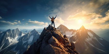Climber Reaches Goal On Top Of Mountain. Concept Adventure Photography, Mountain Summit, Personal Achievement, Outdoor Success, Spectacular Views.の素材
