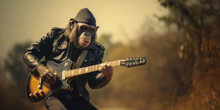 Chimpanzee Musician Impressing In A Band With Guitar Skills. Concept Sculpting With Clay, Abstract Paintings, Wildlife Photography, Landscape Photography.の素材