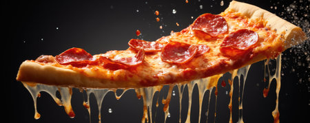 Flying Slice Of Pepperoni Pizza. Concept Food Art Photography, Edible Creations, Gourmet Food Styling, Delicious Food Portraits, Culinary Masterpieces.の素材