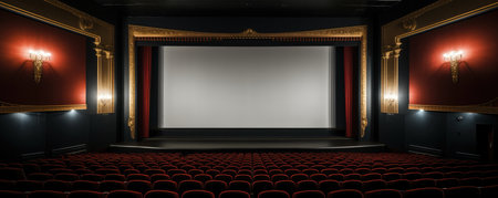 Empty Cinema Hall With Blank Screen. Concept Abandoned Theater, Silent Spectacle, Cinema Desolation, Theater Void.の素材