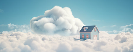 Home Sits On Fluffy Clouds. Concept Dreamy Interior Decor, Cloud-Inspired Furniture, Cozy Cloud-Themed Bedroom, Sky-Blue Accents, Cloud-Shaped Decorative Objects.の素材