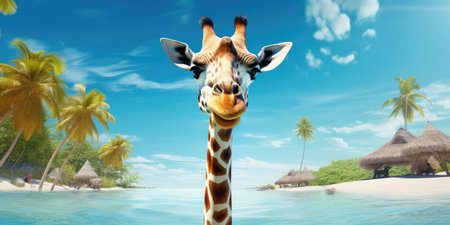 Funny Giraffe On Tropical Beach. Concept Sunset Silhouettes, Romantic Couples, Adventure Travel, Enchanting Landscapes, Candid Moments.の素材