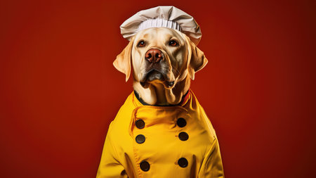 Labrador Retriever Dog Dressed As A Chef On Dark Yellow Color Background. Concept Canine Cuisine, Chef Paws, Yellow Lab Cooking, Gourmet Lab, Doggone Delicious.の素材