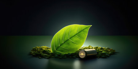 Recharging Lithiumion Battery With Ecoleaf Symbol. Concept Eco-Friendly Battery Charging, Lithium-Ion Battery Care, Sustainable Energy Solutions, Eco-Friendly Technology, Green Battery Charging.の素材