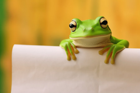 Playful Frog Peeks Out From Behind A Sticky Note.の素材
