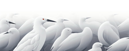 White Bird Stands Out Among Gray Birds, Illustration. Ð¡oncept Nature's Simplicity, Contrasting Colors, Avian Beauties, Artistic Interpretation.の素材