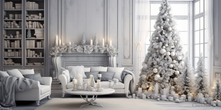 Stylish Scandinavian Christmas Interior Design. Concept Minimalist Holiday Decor, Cozy Hygge Vibes, Scandinavian-Inspired Ornaments, Nordic-Inspired Table Settings, Scandinavian Fireplace Inspiration.の素材