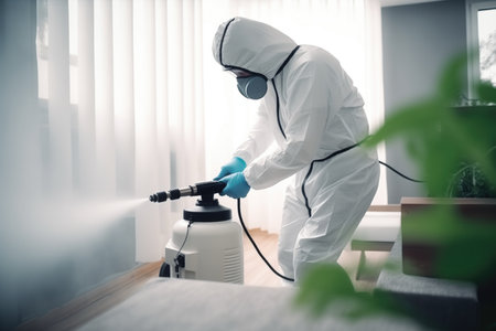 Room Being Sprayed For Pest Control By Worker In Protective Suit.の素材