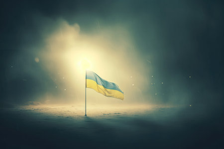 Foggy Night Illuminates Ukraine Flag.の素材