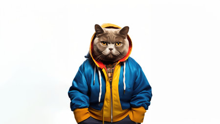 Happy British Shorthair Cat Dressed As A Rapper. Ð¡oncept Pet Fashion Show, Trendy Cat Outfits, Stylish Animal Accessories, Cute And Cuddly Fashion, Feline Fashionista.の素材
