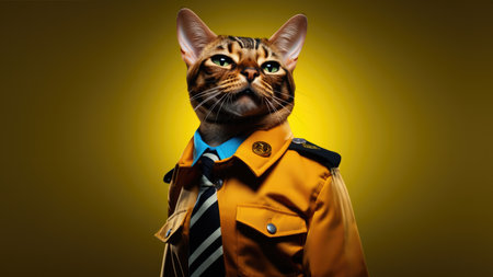 Happy Bengal Cat Dressed As A Police Officer. Ð¡oncept Cat Cosplay, Bengal Police Officer, Feline Dress-Up, Whiskered Law Enforcement, Pawsome Costumes.の素材
