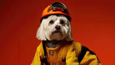 White Dog Dressed As A Fireman Orange Background. Concept White Dog Photoshoot, Fireman Costume, Orange Background.の素材