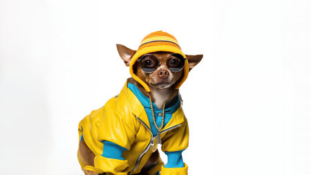 Happy Chihuahua Dog Dressed As A Rapper. Ð¡oncept Pet Halloween Costumes, Funny Dog Outfits, Cute Animal Cosplay, Hilarious Pet Dress-Up.の素材