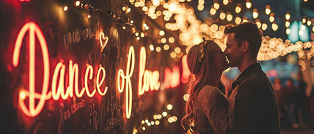 A Couple Dancing Under Fairy Lights With The Message Dance Of Love.の素材