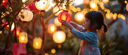 A Child Playing With Chinese Lanterns In A Festive Garden, Creating An Atmosphere Of Joy And Excitement.の素材