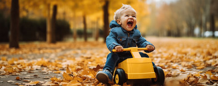 A Boy Laughs While Playing In A Toy Car During Autumn.の素材