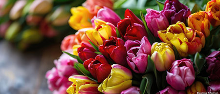 A Colorful Bouquet Of Tulips Forming The Words Blooming Affection.の素材