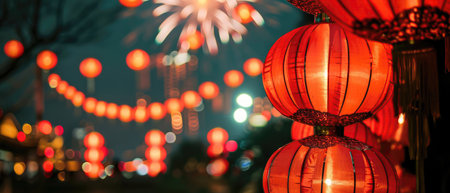 A Night Skyline Adorned With Red Lanterns And Fireworks, Signifying The Grandeur Of Chinese New Year Festivities.の素材