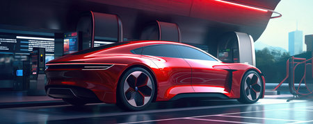 A Futuristic Red Sports Car Speeds By, Showcasing A Concept Ev Electric Car With Low Battery Charge At A Charging Station.の素材