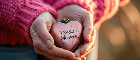A Couples Hands Holding A Heartshaped Locket With The Words Treasured Moments.の素材