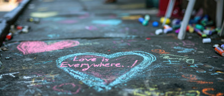 A Heartshaped Chalk Drawing On A Sidewalk With The Text Love Is Everywhere.の素材