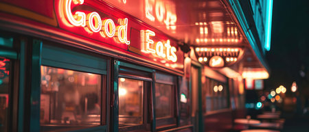 A Retrostyle Diner Sign With Neon Lights Reading Good Eats.の素材