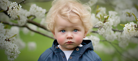 A Repeated Portrait Showing A Serious And Stern Baby Vibrant Spring Scenery With Lush Green Grass And Trees.の素材