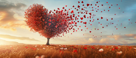 A Tree Of Love, Where Hearts Transform Into Leaves Kids Body Language Forms Heart Shape, Symbolizing Love And Kindness.の素材