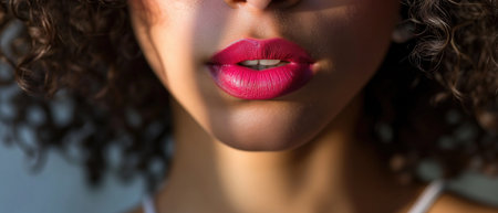 A Woman Wearing Pink Lipstick Enhances Her Lips Allure.の素材