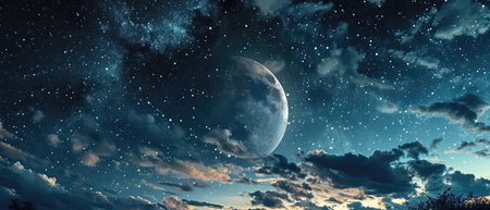 Celestial Love Night Sky Filled With Stars And A Crescent Moon.の素材