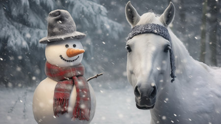 Gray Horse Posing With Snowman Background.の素材