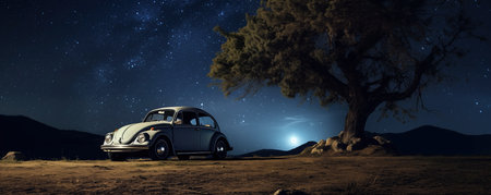 Car Parked Under Starry Night Authenticity.の素材