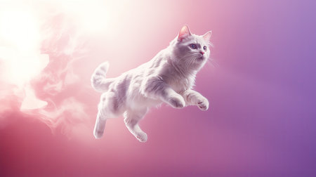 A Majestic Cat's Graceful Leap In Pursuit Of An Elusive Red Laser Dot Amidst Pastel Shades Of Purple And Crimson.の素材