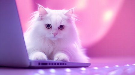 Cat Stubbornly Sitting On An Open Laptop Keyboard Pastel Light Purple And Light Crimson Background.の素材