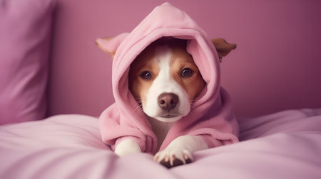 Dog Ready For Bed In A Cozy Set Of Pajamas And Nightcap Pastel Light Purple And Light Crimson Background.の素材