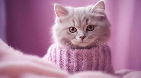 Winter Chic: A Cat Sporting A Stylish Tiny Knit Sweater On Pastel Light Purple And Light Crimson Background.の素材