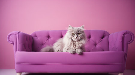 Regal Cat Perched Gracefully On A Lavender And Crimson Sofa Background.の素材