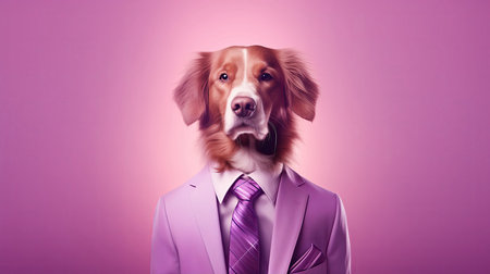 Canine Executive: A Dog In A Business Suit And Tie On A Pastel Purple And Crimson Background.の素材