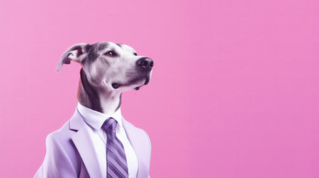 Canine Executive In A Business Suit And Tie: A Dapper Dog On A Pastel Light Purple And Light Crimson Background.の素材