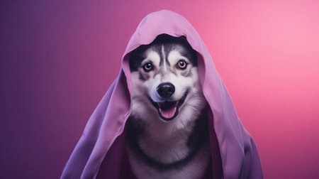 Spooky Halloween Dog Fashion: Adorable Vampire Cloak And Fangs On A Pastel Purple And Crimson Backdrop.の素材