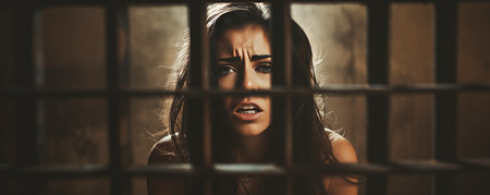 Frustrated Woman Bends Prison Bars In Anger Authenticity.の素材