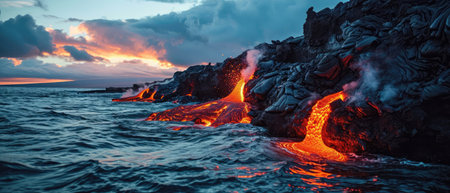 Lava Glow Molten Rivers Flowing Into The Pacific At Dusk.の素材