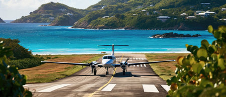 Scenic Caribbean Runway: Small Plane Landing On An Island Airstrip.の素材