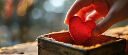 Hand Delicately Places Red Heart Inside A Special Box.の素材