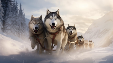 Huskies United In Pulling A Sled As A Team.の素材