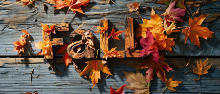 Vibrant Autumn Leaves Forming The Word Fall On A Rustic Wooden Background.の素材