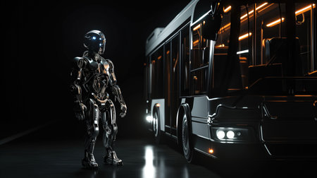 A Robot Standing Next To A Bus.の素材
