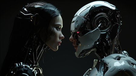 A Cyber Robot Man Maid Confronts An Ordinary Man Maid.の素材