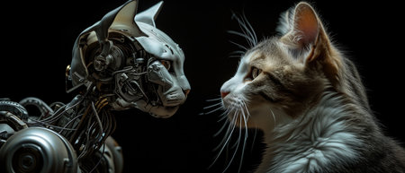 An Intense Encounter: Cyborg Cat Vs. Traditional Cat, Set In A Black Abyss With Striking Illumination And Shadow Play.の素材